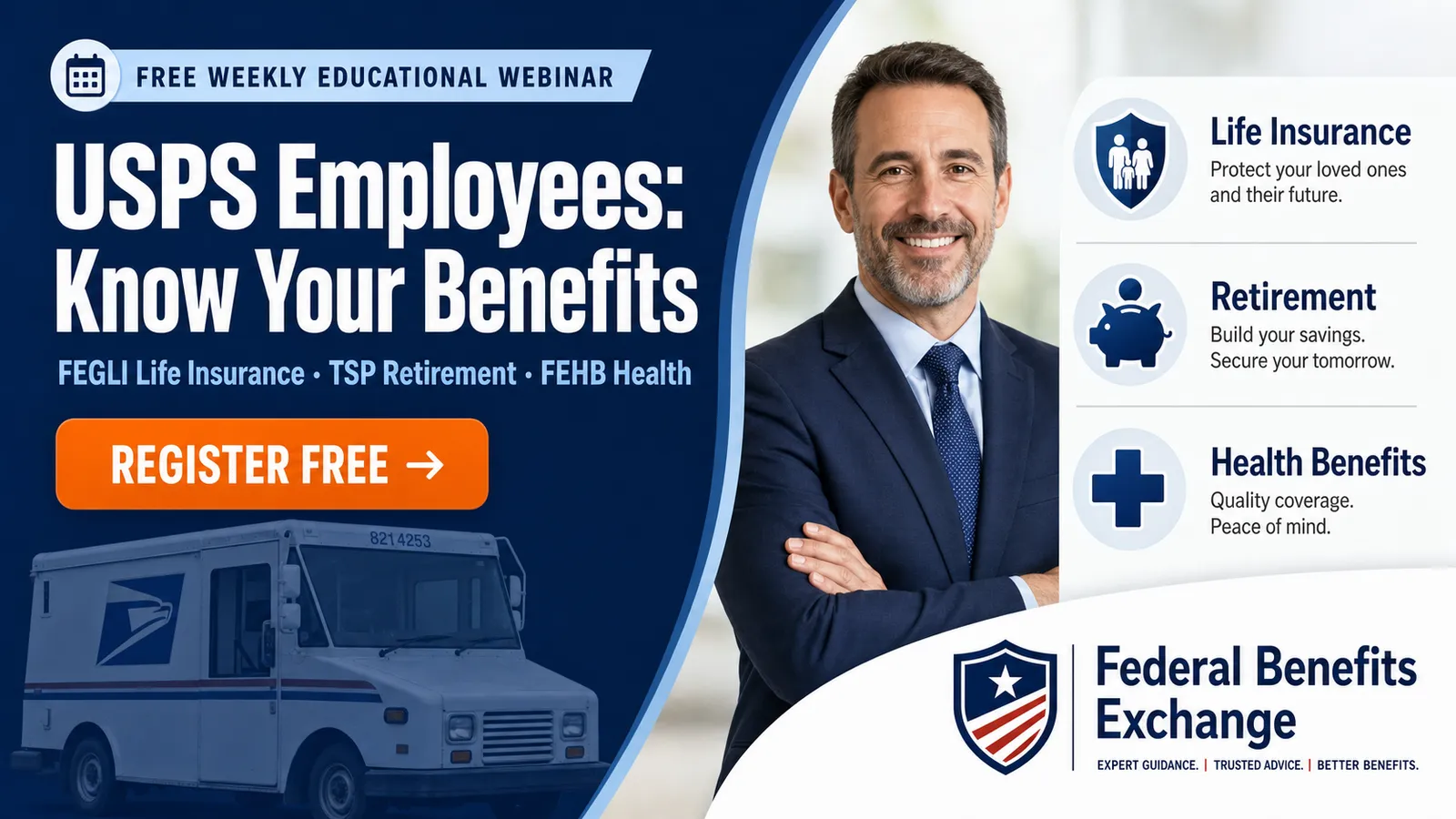 Federal benefits webinar graphic covering TSP retirement and related benefit education
